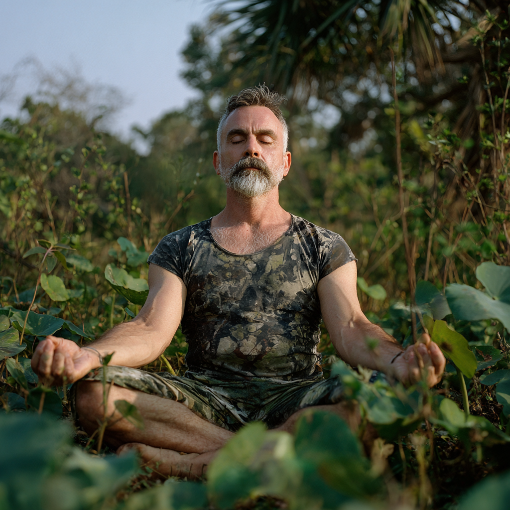 Мъж на 52 години медитира в природна обстановка, седнал в лотусова позиция сред зеленина с мирно изражение