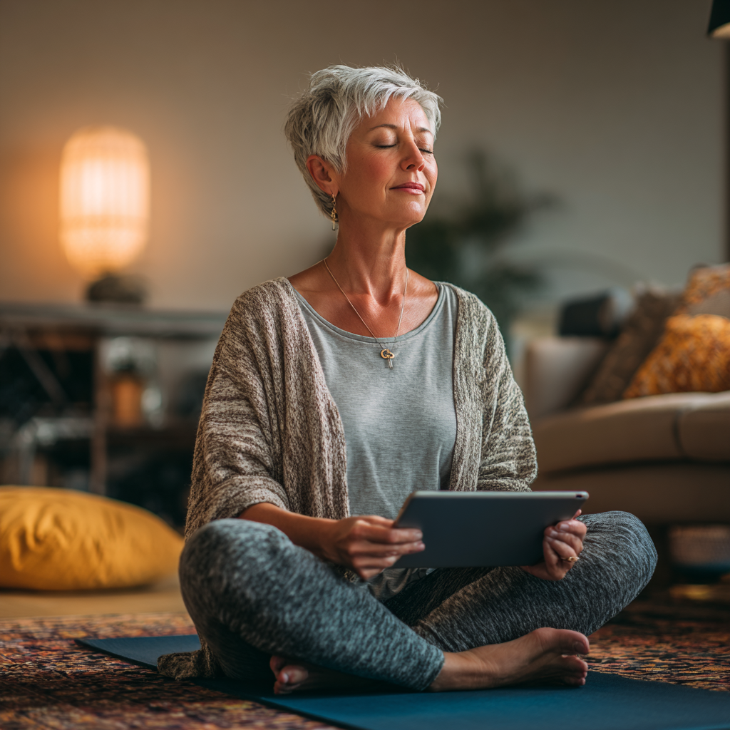 Жена на 56 години практикува йога у дома, следвайки онлайн урок на таблет, в удобна домашна обстановка